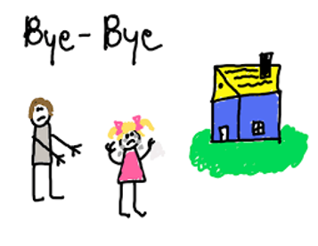 A child's crayon drawing of their family moving house